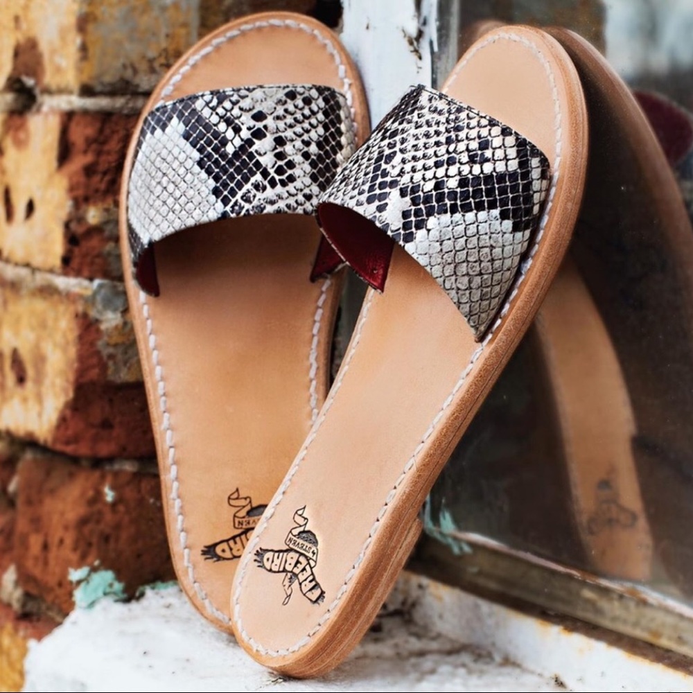 Freebirds GOLDEN Snake Print Reptile Design Leather Slide Sandals SZ 7 EUC